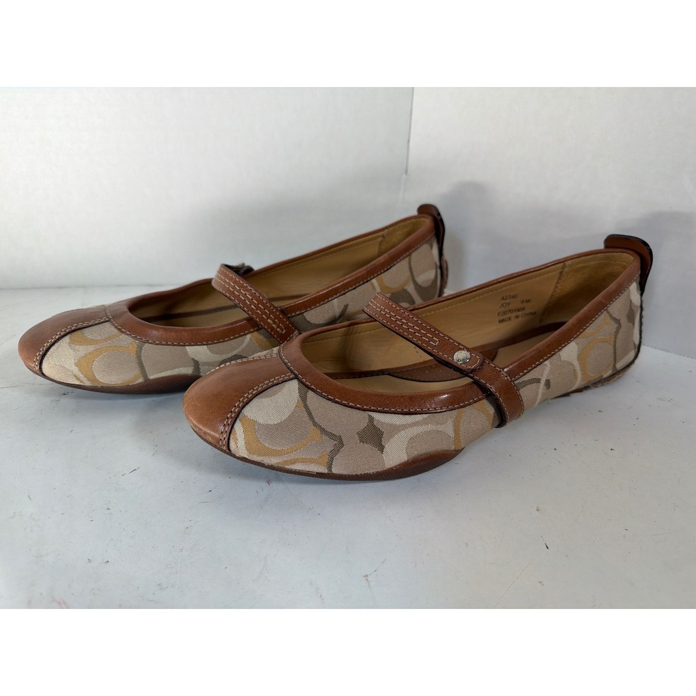Coach Joy Mary Jane Flats Brown Signature Jacquard Leather Ballet Shoes 9M